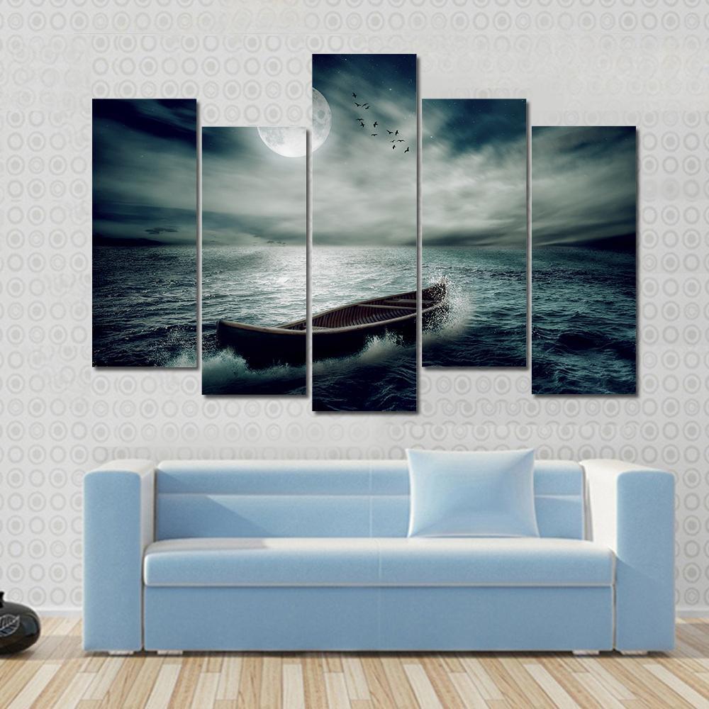 Boat Drifting In Stormy Ocean Canvas Wall Art-5 Pop-Gallery Wrap-47" x 32"-Tiaracle