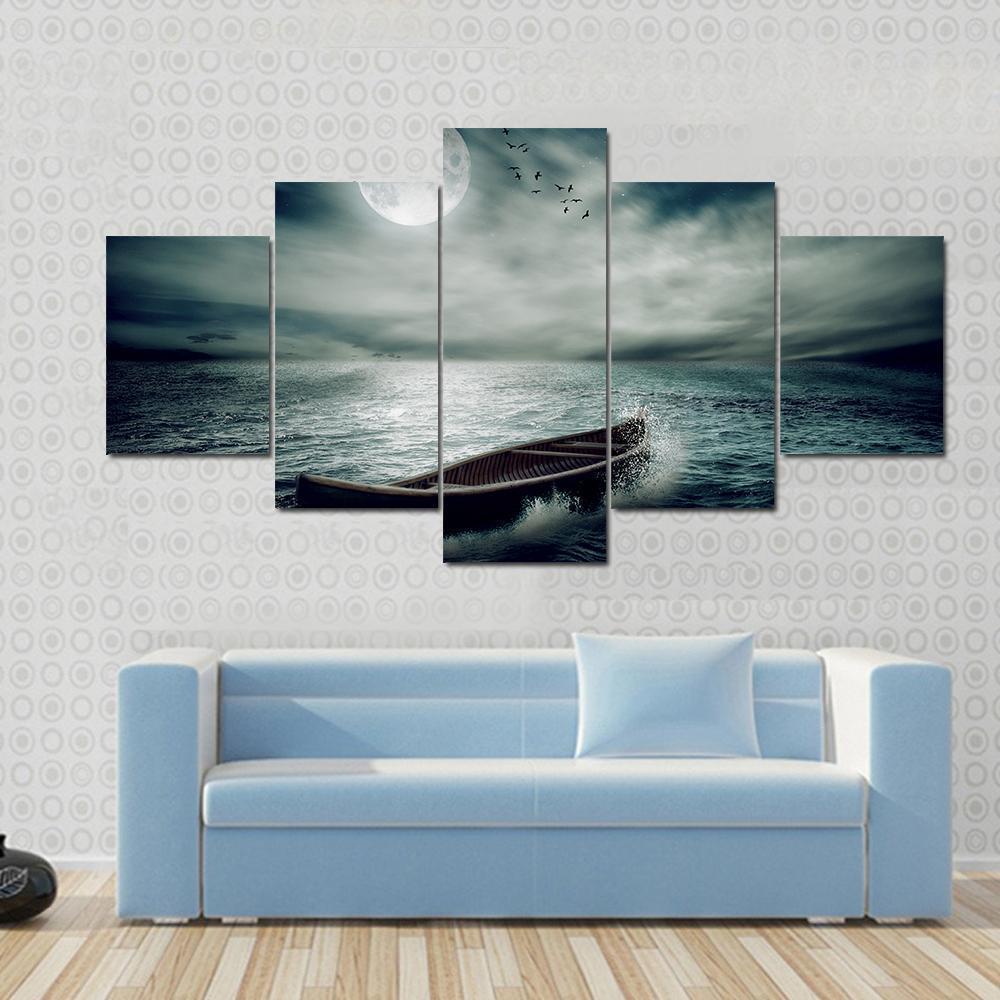 Boat Drifting In Stormy Ocean Canvas Wall Art-5 Star-Gallery Wrap-62" x 32"-Tiaracle