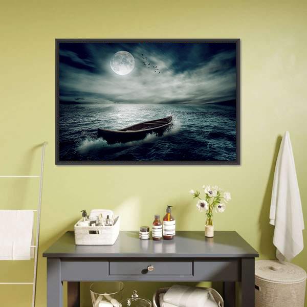 Boat Drifting In Stormy Ocean Canvas Wall Art-3 Horizontal-Gallery Wrap-25" x 16"-Tiaracle