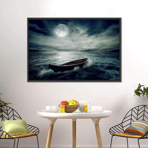 Boat Drifting In Stormy Ocean Canvas Wall Art-3 Horizontal-Gallery Wrap-25" x 16"-Tiaracle