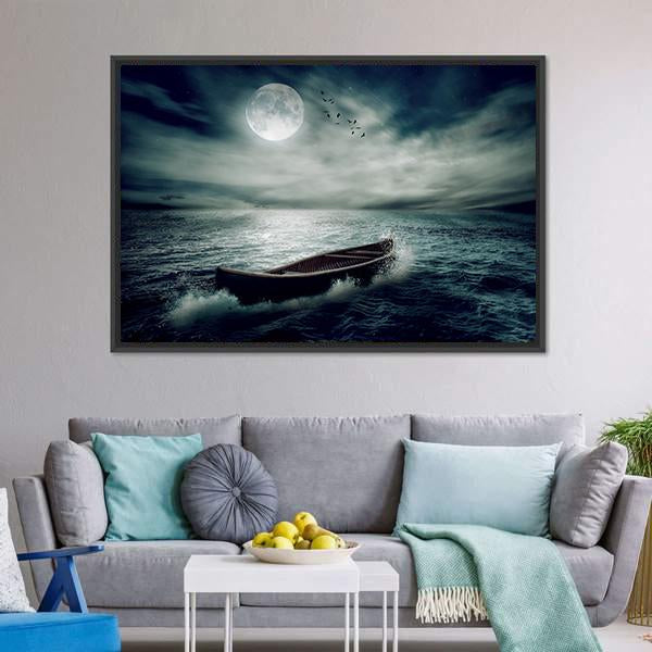 Boat Drifting In Stormy Ocean Canvas Wall Art-1 Piece-Floating Frame-24" x 16"-Tiaracle