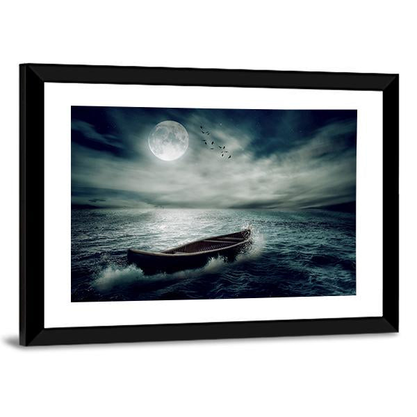 Boat Drifting In Stormy Ocean Canvas Wall Art-3 Horizontal-Gallery Wrap-25" x 16"-Tiaracle