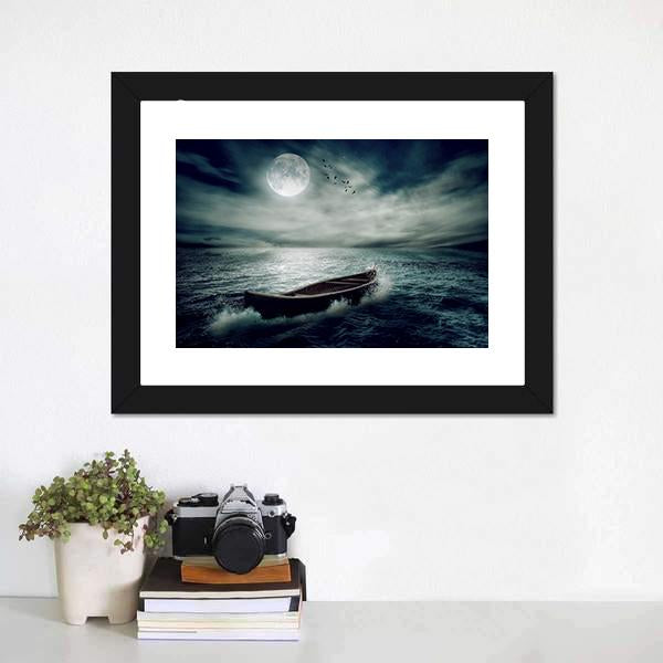 Boat Drifting In Stormy Ocean Canvas Wall Art-1 Piece-Framed Print-20" x 16"-Tiaracle