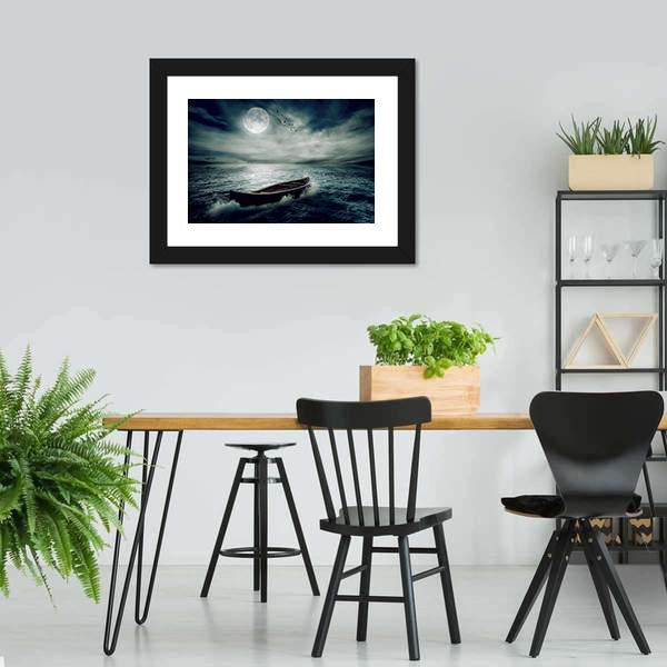 Boat Drifting In Stormy Ocean Canvas Wall Art-3 Horizontal-Gallery Wrap-25" x 16"-Tiaracle