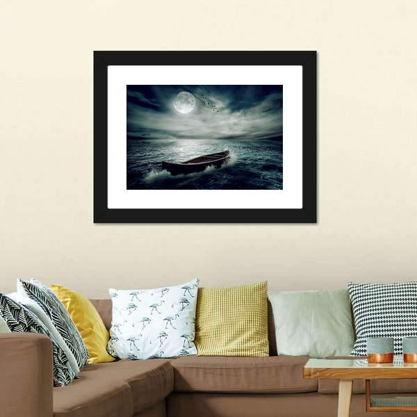 Boat Drifting In Stormy Ocean Canvas Wall Art-3 Horizontal-Gallery Wrap-25" x 16"-Tiaracle