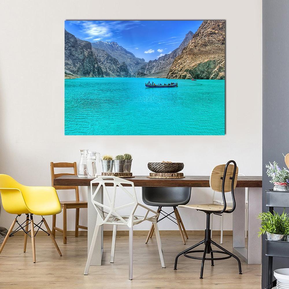 Boat In Attabad Lake Canvas Wall Art-1 Piece-Gallery Wrap-48" x 32"-Tiaracle