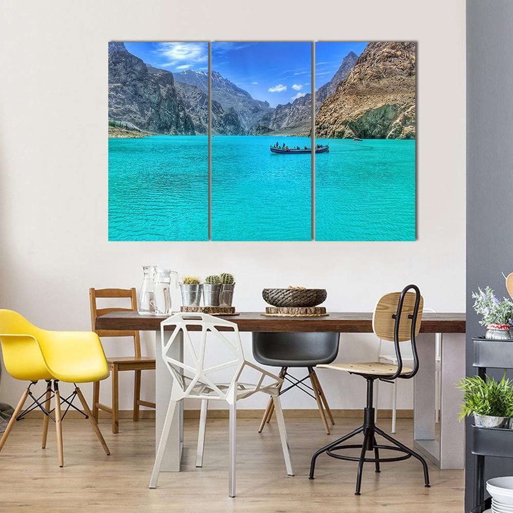 Boat In Attabad Lake Canvas Wall Art-3 Horizontal-Gallery Wrap-37" x 24"-Tiaracle