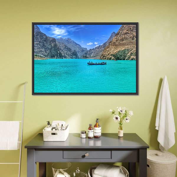 Boat In Attabad Lake Canvas Wall Art-3 Horizontal-Gallery Wrap-25" x 16"-Tiaracle