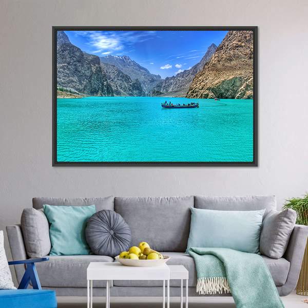 Boat In Attabad Lake Canvas Wall Art-1 Piece-Floating Frame-24" x 16"-Tiaracle