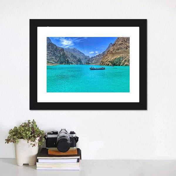 Boat In Attabad Lake Canvas Wall Art-1 Piece-Framed Print-20" x 16"-Tiaracle