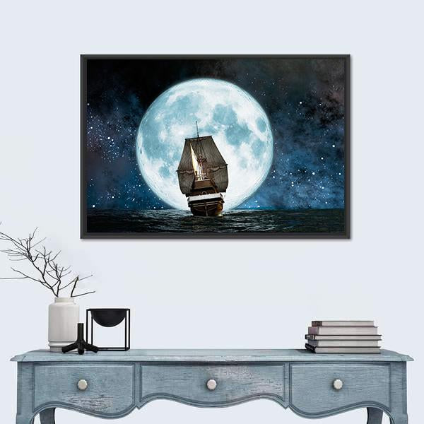 Boat In Full Moon Night Canvas Wall Art-1 Piece-Floating Frame-24" x 16"-Tiaracle