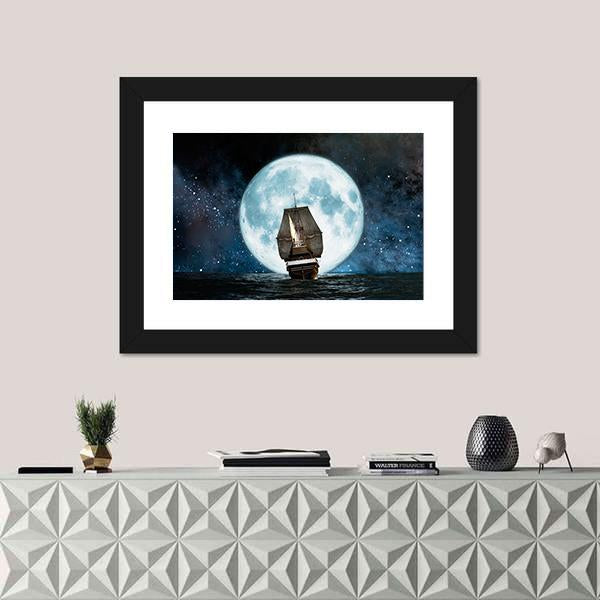 Boat In Full Moon Night Canvas Wall Art-1 Piece-Framed Print-20" x 16"-Tiaracle