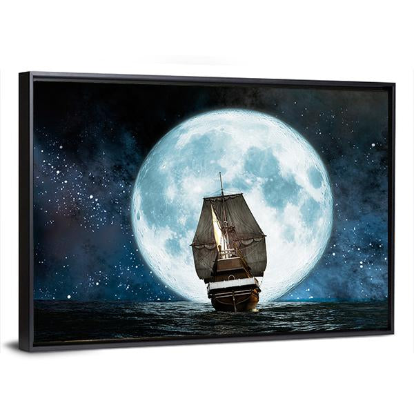 Boat In Full Moon Night Canvas Wall Art-3 Horizontal-Gallery Wrap-25" x 16"-Tiaracle