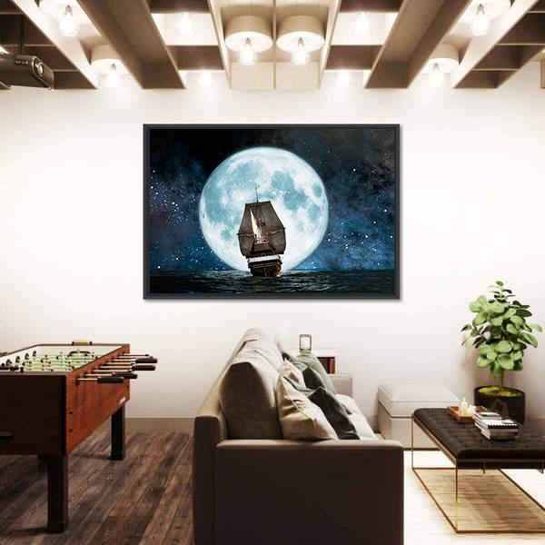 Boat In Full Moon Night Canvas Wall Art-3 Horizontal-Gallery Wrap-25" x 16"-Tiaracle