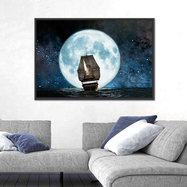 Boat In Full Moon Night Canvas Wall Art-3 Horizontal-Gallery Wrap-25" x 16"-Tiaracle