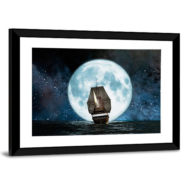 Boat In Full Moon Night Canvas Wall Art-3 Horizontal-Gallery Wrap-25" x 16"-Tiaracle