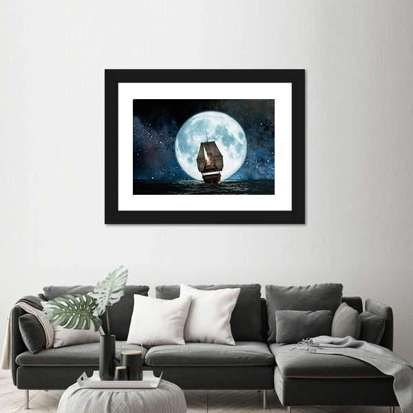 Boat In Full Moon Night Canvas Wall Art-3 Horizontal-Gallery Wrap-25" x 16"-Tiaracle