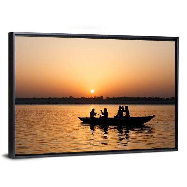 Boat In Ganges River Canvas Wall Art-3 Horizontal-Gallery Wrap-25" x 16"-Tiaracle