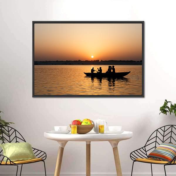 Boat In Ganges River Canvas Wall Art-3 Horizontal-Gallery Wrap-25" x 16"-Tiaracle