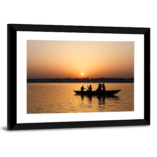 Boat In Ganges River Canvas Wall Art-3 Horizontal-Gallery Wrap-25" x 16"-Tiaracle