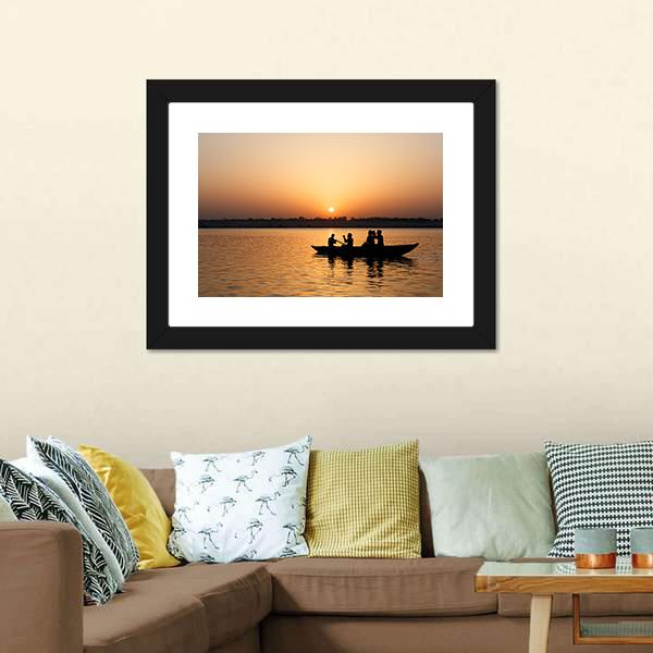 Boat In Ganges River Canvas Wall Art-3 Horizontal-Gallery Wrap-25" x 16"-Tiaracle