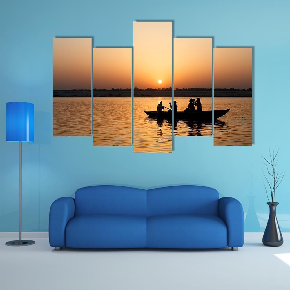 Boat In Ganges River Canvas Wall Art-5 Pop-Gallery Wrap-47" x 32"-Tiaracle