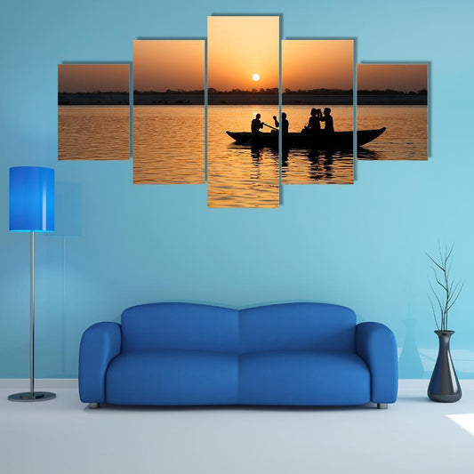Boat In Ganges River Canvas Wall Art-5 Star-Gallery Wrap-62" x 32"-Tiaracle