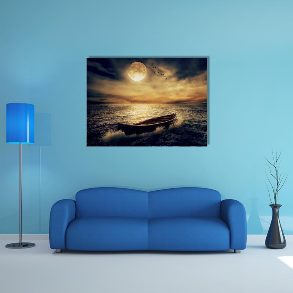 Boat In Middle Of Ocean Canvas Wall Art-1 Piece-Gallery Wrap-48" x 32"-Tiaracle