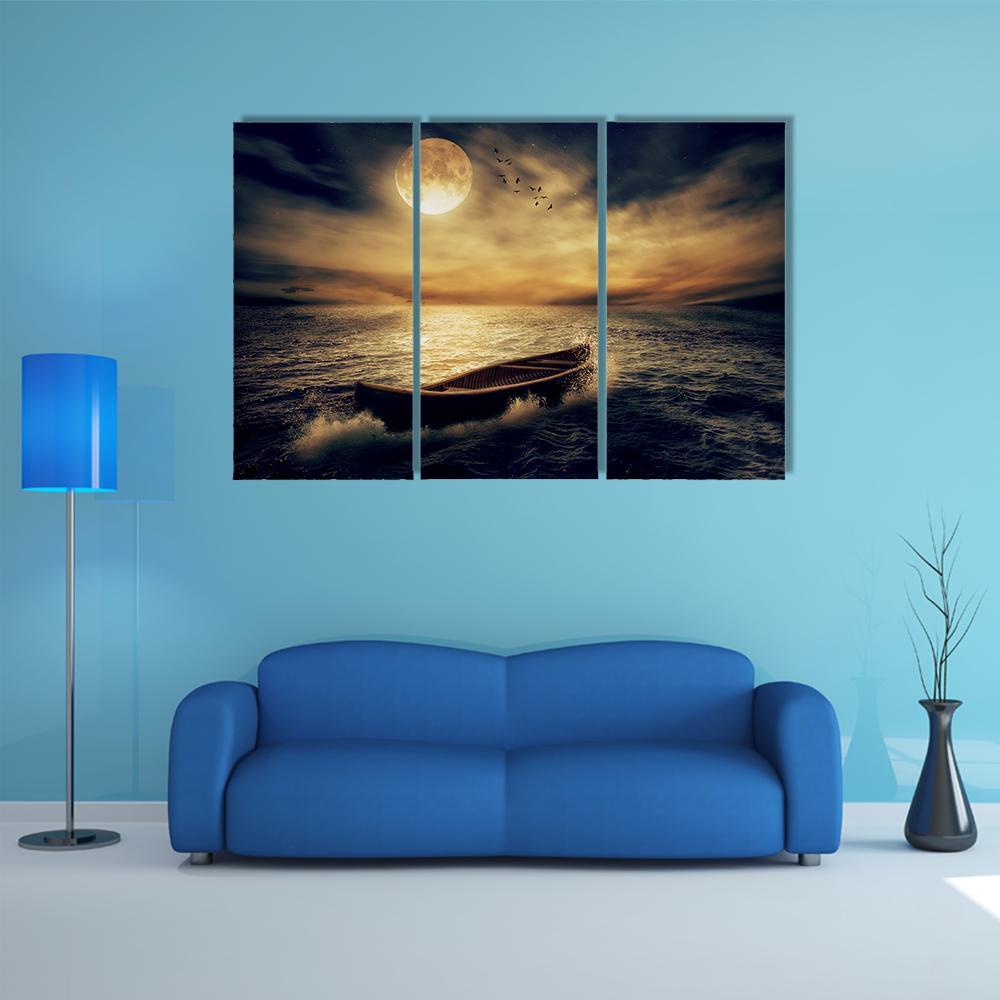 Boat In Middle Of Ocean Canvas Wall Art-3 Horizontal-Gallery Wrap-37" x 24"-Tiaracle