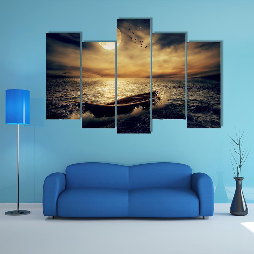 Boat In Middle Of Ocean Canvas Wall Art-5 Pop-Gallery Wrap-47" x 32"-Tiaracle