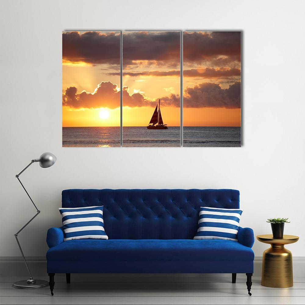 Boat In Ocean At Sunset Canvas Wall Art-3 Horizontal-Gallery Wrap-37" x 24"-Tiaracle