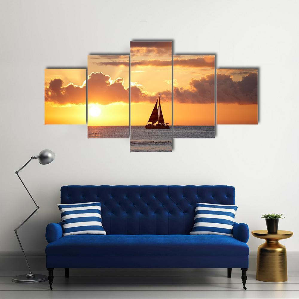 Boat In Ocean At Sunset Canvas Wall Art-5 Star-Gallery Wrap-62" x 32"-Tiaracle