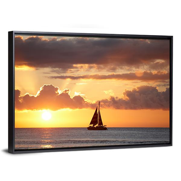 Boat In Ocean At Sunset Canvas Wall Art-3 Horizontal-Gallery Wrap-25" x 16"-Tiaracle