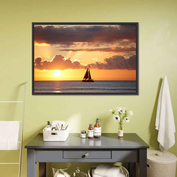 Boat In Ocean At Sunset Canvas Wall Art-3 Horizontal-Gallery Wrap-25" x 16"-Tiaracle