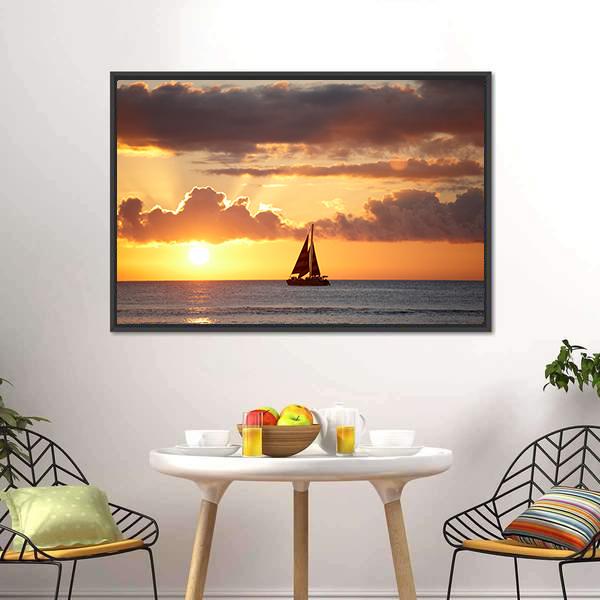Boat In Ocean At Sunset Canvas Wall Art-3 Horizontal-Gallery Wrap-25" x 16"-Tiaracle
