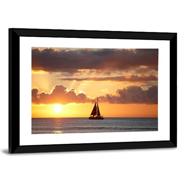 Boat In Ocean At Sunset Canvas Wall Art-3 Horizontal-Gallery Wrap-25" x 16"-Tiaracle