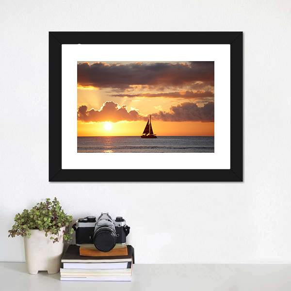 Boat In Ocean At Sunset Canvas Wall Art-1 Piece-Framed Print-20" x 16"-Tiaracle