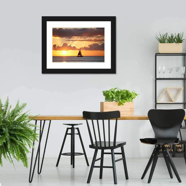 Boat In Ocean At Sunset Canvas Wall Art-3 Horizontal-Gallery Wrap-25" x 16"-Tiaracle