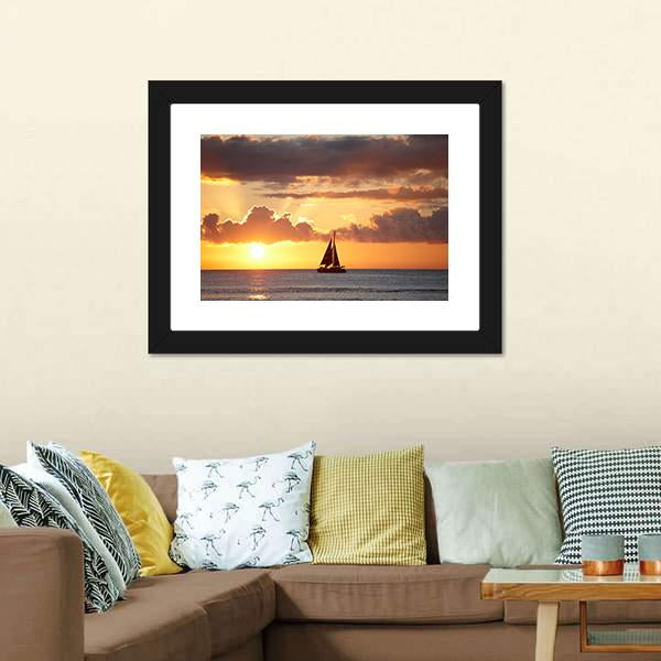Boat In Ocean At Sunset Canvas Wall Art-3 Horizontal-Gallery Wrap-25" x 16"-Tiaracle