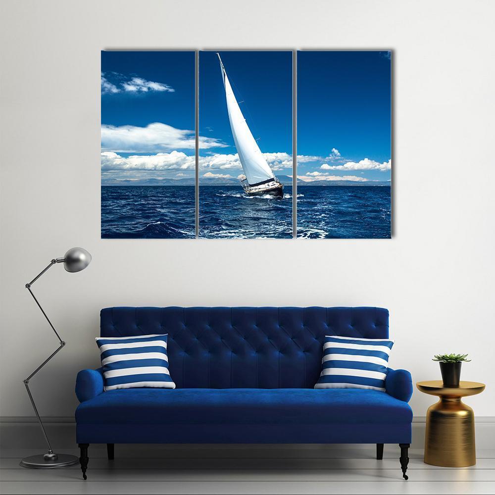 Boat In Sailing Regatta Canvas Wall Art-3 Horizontal-Gallery Wrap-37" x 24"-Tiaracle