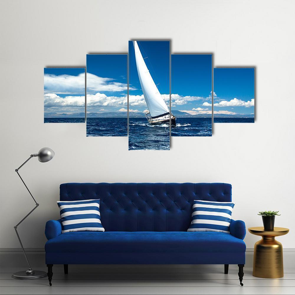 Boat In Sailing Regatta Canvas Wall Art-5 Star-Gallery Wrap-62" x 32"-Tiaracle