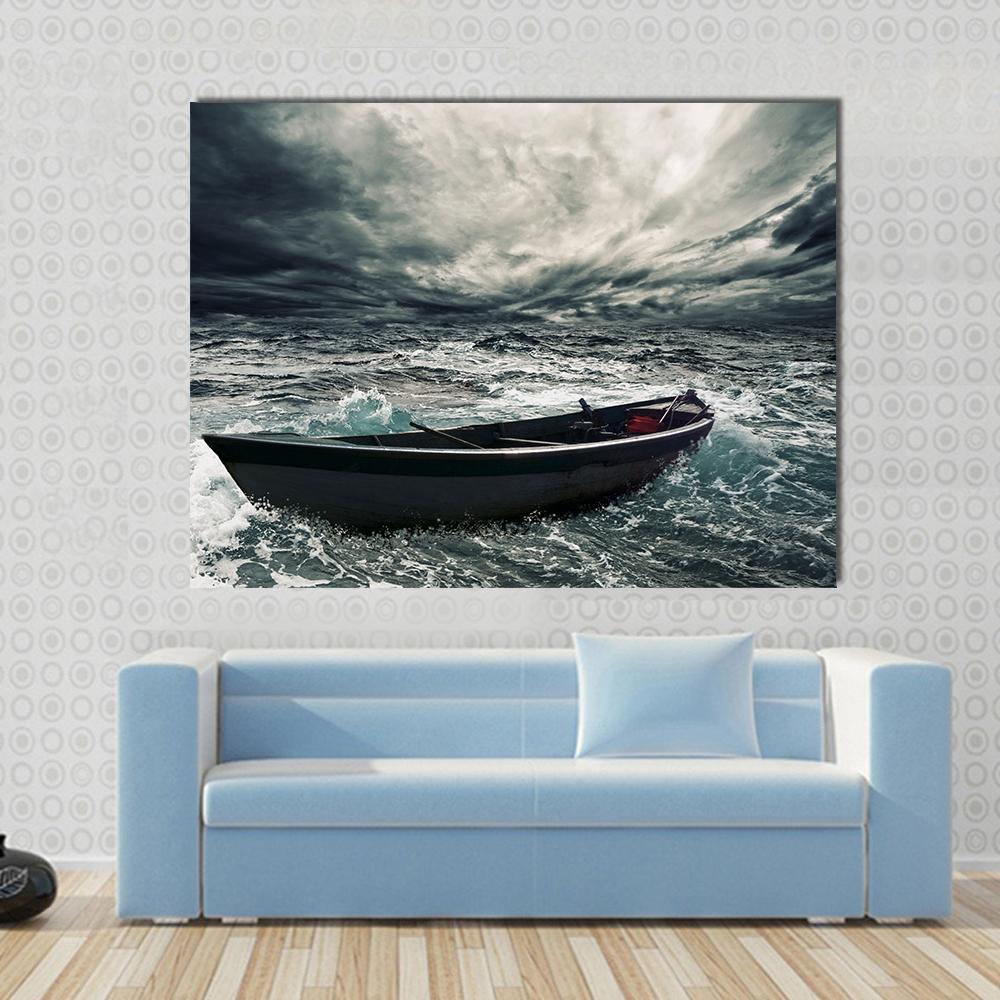 Boat In Stormy Sea Canvas Wall Art-1 Piece-Gallery Wrap-48" x 32"-Tiaracle