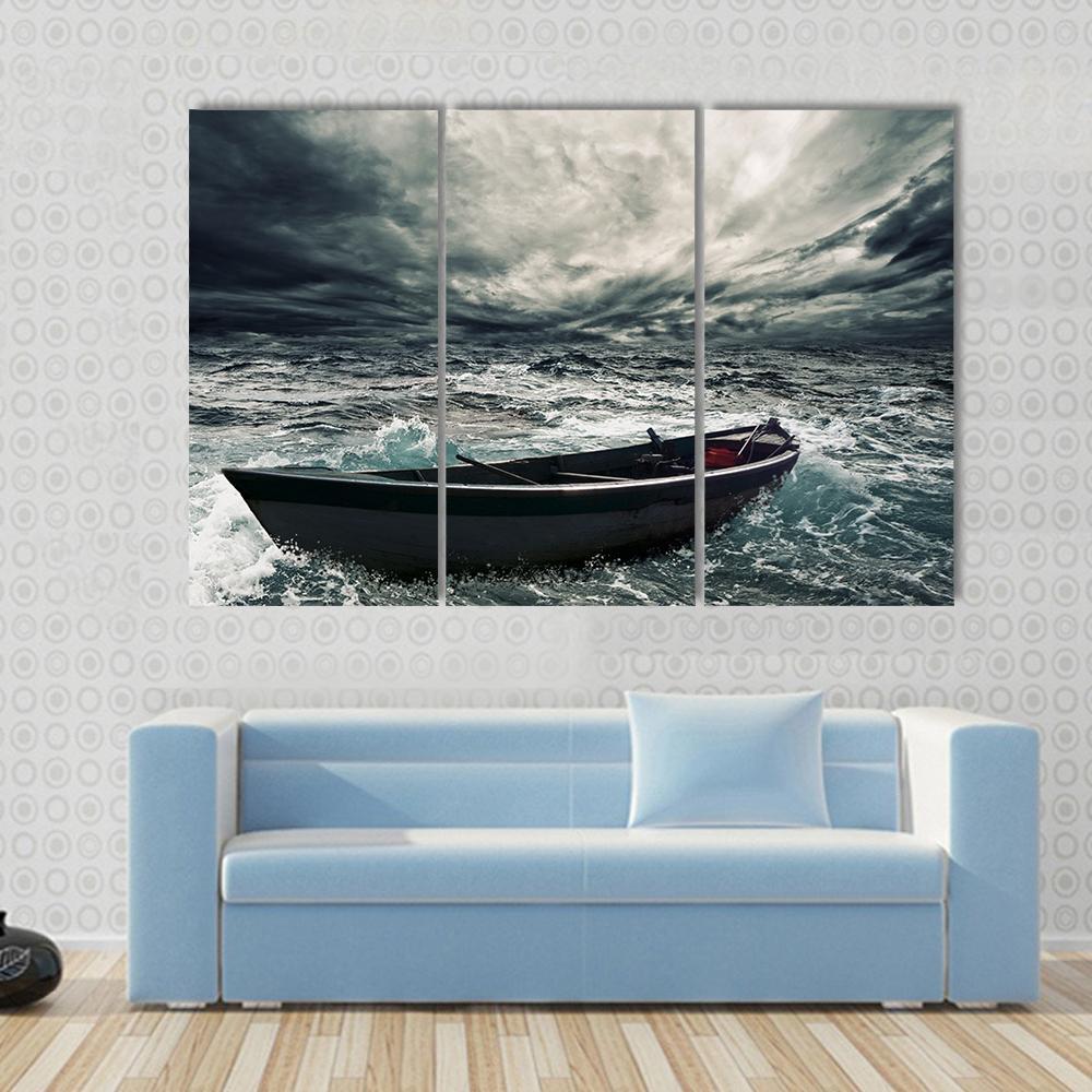 Boat In Stormy Sea Canvas Wall Art-3 Horizontal-Gallery Wrap-37" x 24"-Tiaracle