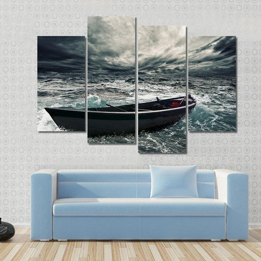 Boat In Stormy Sea Canvas Wall Art-4 Pop-Gallery Wrap-50" x 32"-Tiaracle