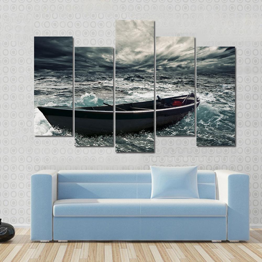 Boat In Stormy Sea Canvas Wall Art-5 Pop-Gallery Wrap-47" x 32"-Tiaracle