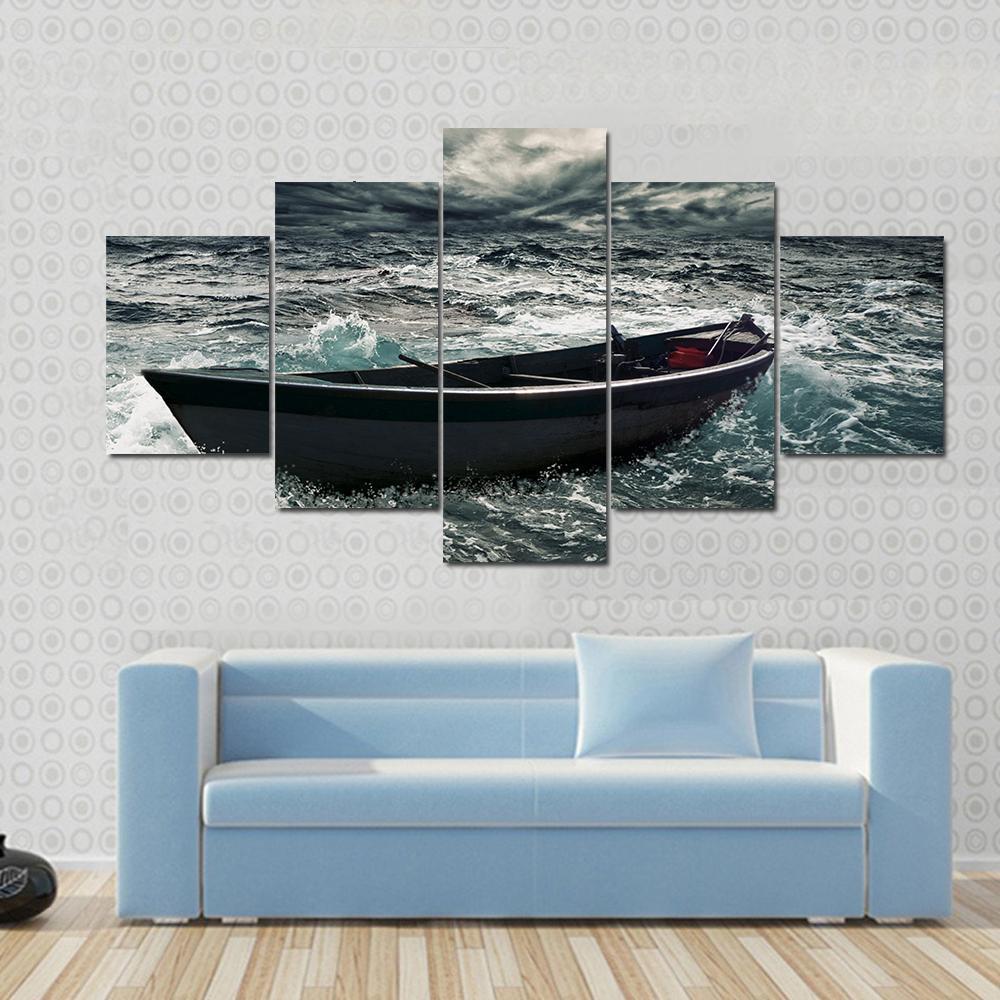 Boat In Stormy Sea Canvas Wall Art-5 Star-Gallery Wrap-62" x 32"-Tiaracle