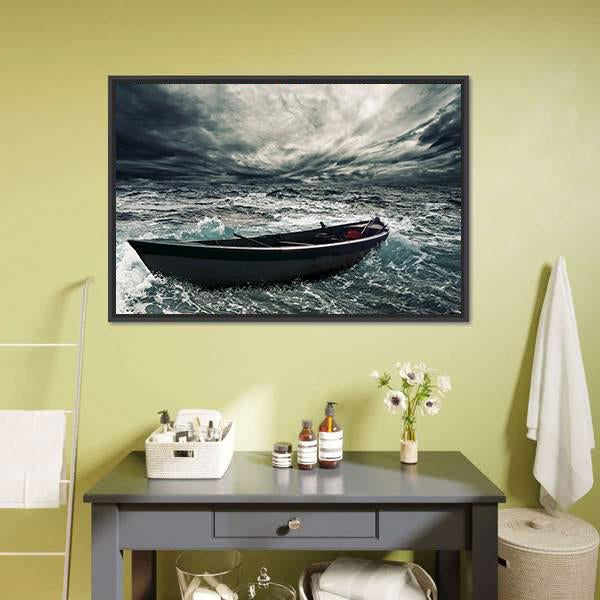 Boat In Stormy Sea Canvas Wall Art-3 Horizontal-Gallery Wrap-25" x 16"-Tiaracle