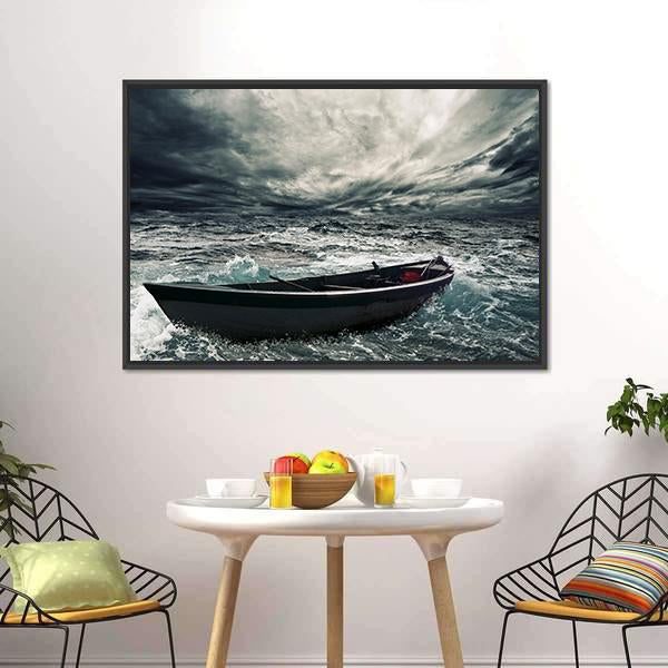 Boat In Stormy Sea Canvas Wall Art-3 Horizontal-Gallery Wrap-25" x 16"-Tiaracle