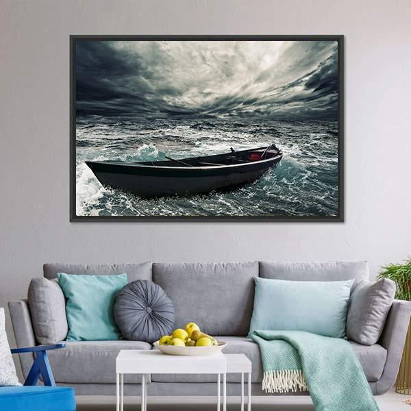 Boat In Stormy Sea Canvas Wall Art-1 Piece-Floating Frame-24" x 16"-Tiaracle