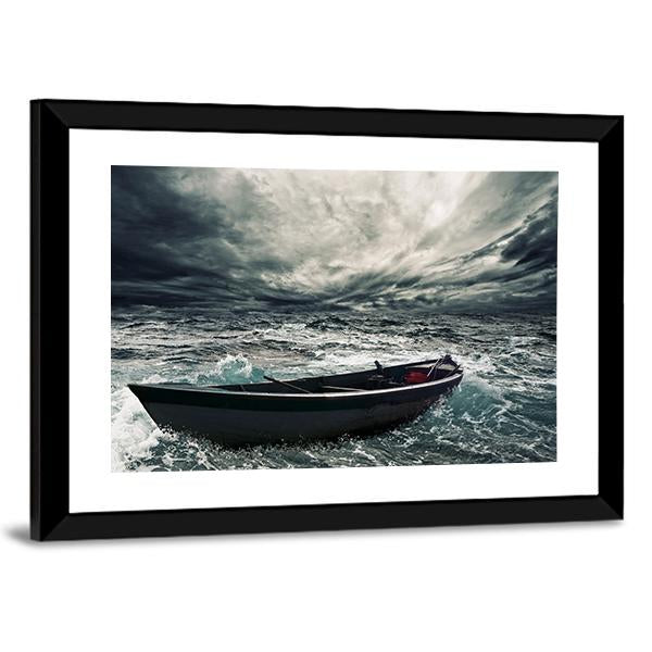 Boat In Stormy Sea Canvas Wall Art-3 Horizontal-Gallery Wrap-25" x 16"-Tiaracle